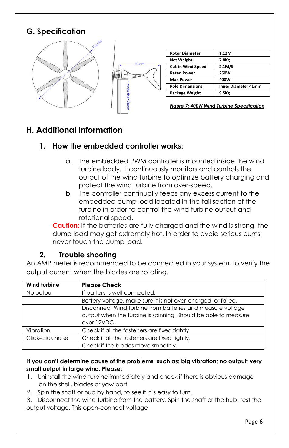 H. additional information, G. specification, How the embedded controller works | Trouble shooting | Tycon Power TPW-400DT 12/24V 400W Turbine User Manual | Page 6 / 8
