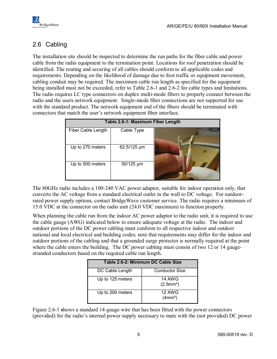 Cabling, 6 cabling | BridgeWave AR80 User Manual | Page 10 / 43