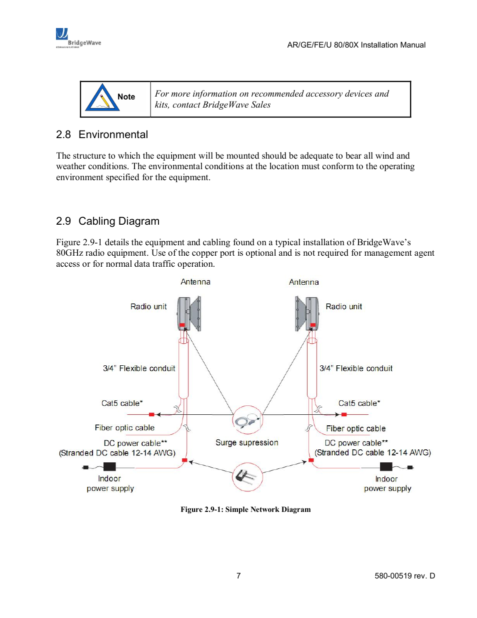 Environmental, Cabling diagram, 8 environmental | 9 cabling diagram | BridgeWave AR80 User Manual | Page 12 / 43