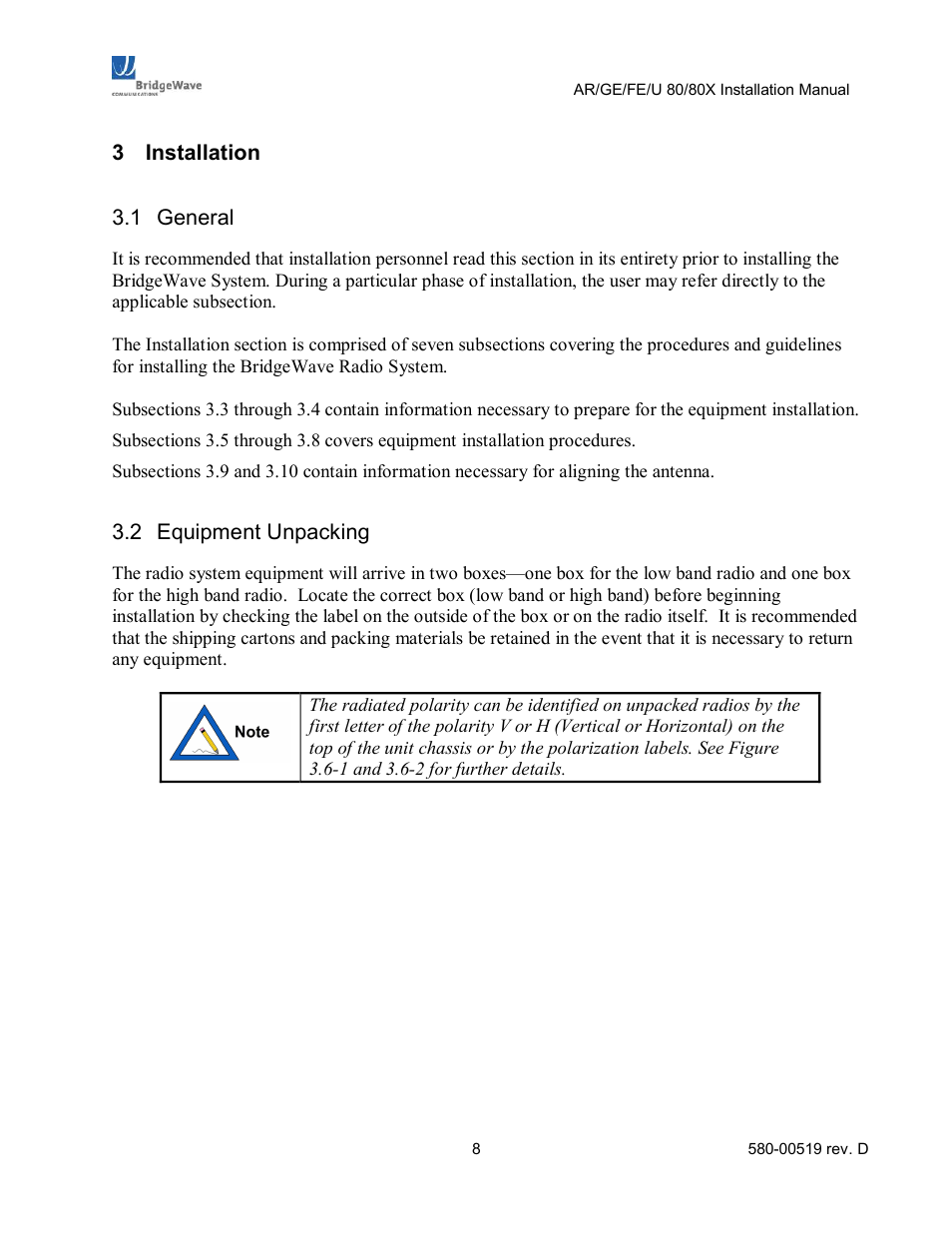 3 installation, Installation, General | Equipment unpacking | BridgeWave AR80 User Manual | Page 13 / 43