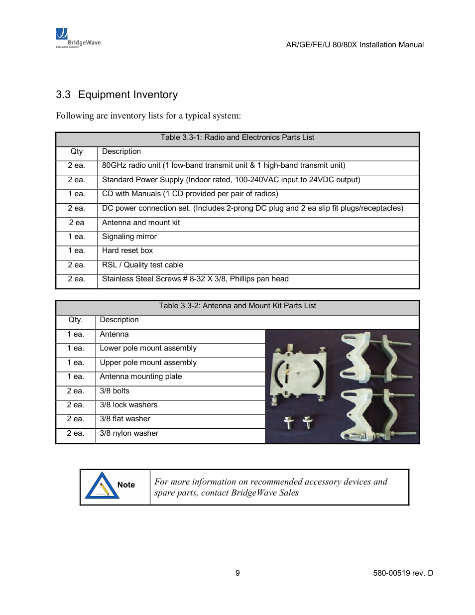 Equipment inventory, 3 equipment inventory | BridgeWave AR80 User Manual | Page 14 / 43