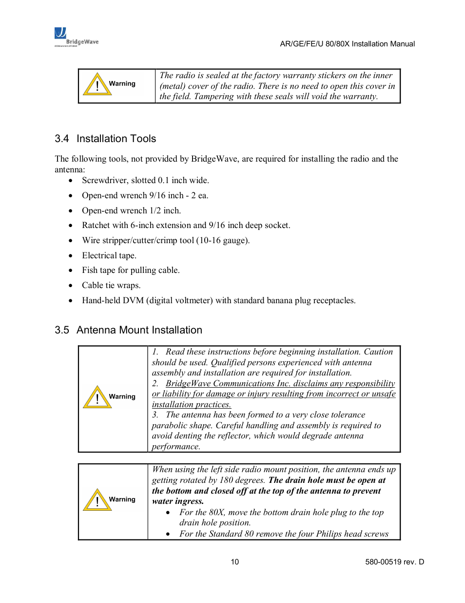 Installation tools, Antenna mount installation | BridgeWave AR80 User Manual | Page 15 / 43