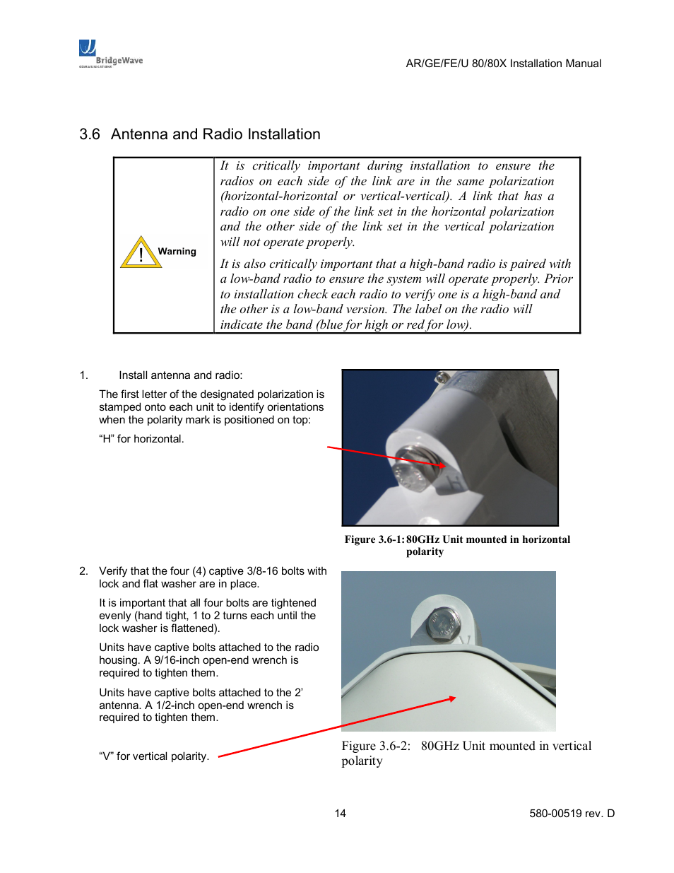 Antenna and radio installation, 6 antenna and radio installation | BridgeWave AR80 User Manual | Page 19 / 43