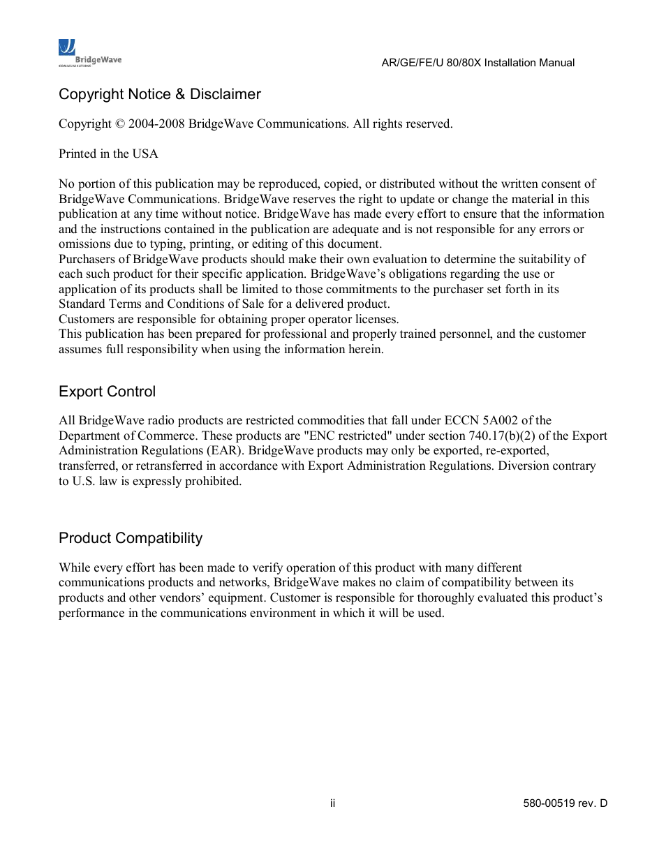 BridgeWave AR80 User Manual | Page 2 / 43