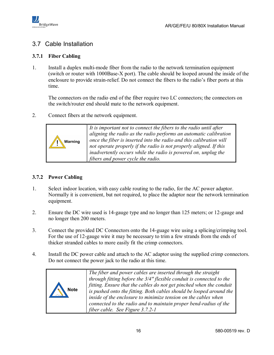 Cable installation | BridgeWave AR80 User Manual | Page 21 / 43