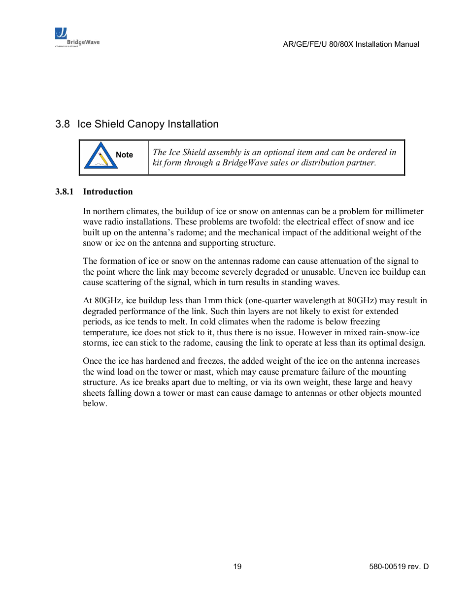 Ice shield canopy installation, 8 ice shield canopy installation | BridgeWave AR80 User Manual | Page 24 / 43