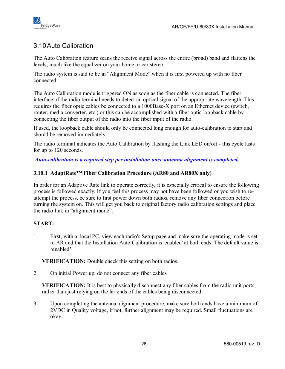 Auto calibration | BridgeWave AR80 User Manual | Page 31 / 43