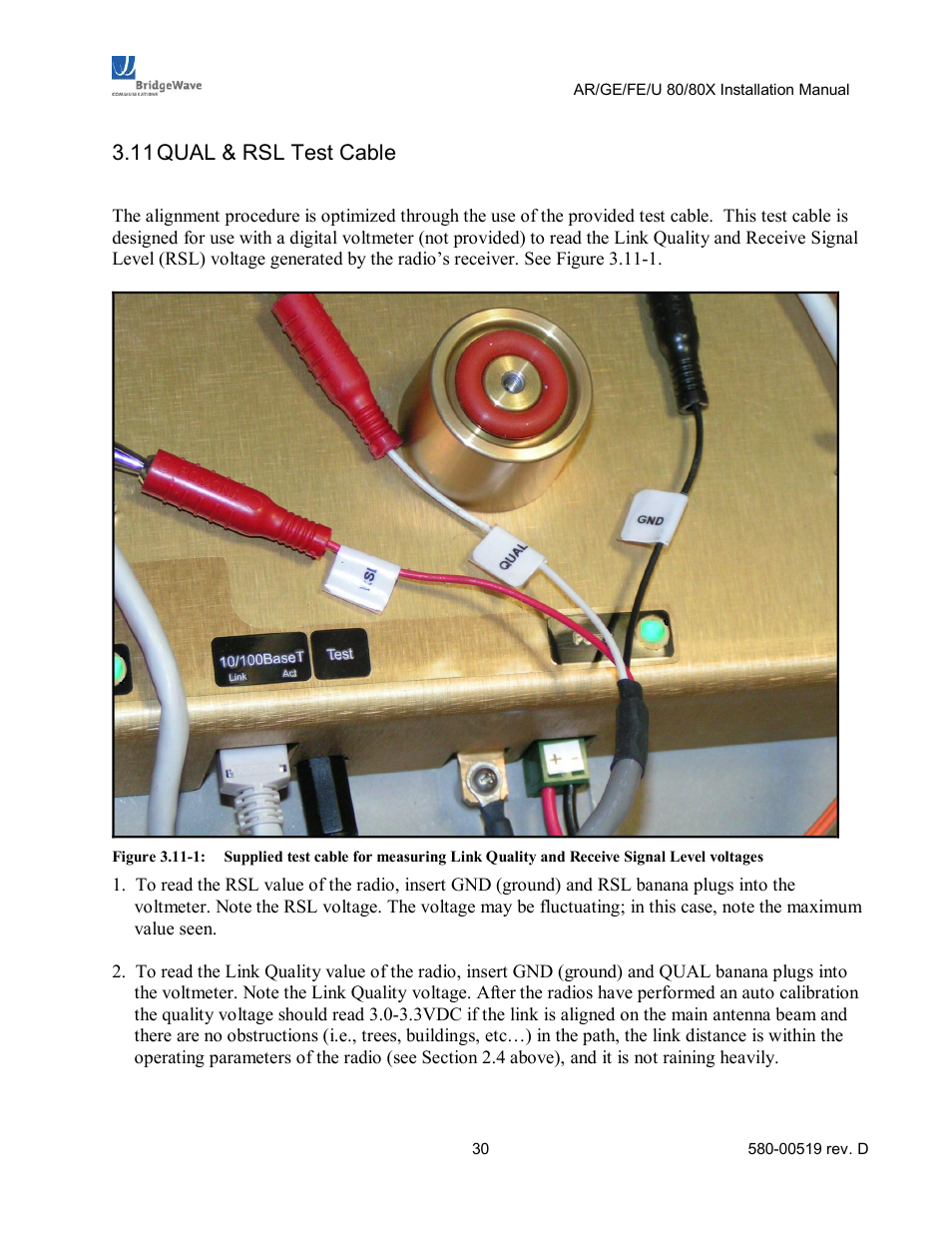 Qual & rsl test cable, 11 qual & rsl test cable | BridgeWave AR80 User Manual | Page 35 / 43