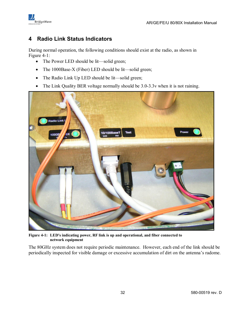 4 radio link status indicators, Radio link status indicators | BridgeWave AR80 User Manual | Page 37 / 43