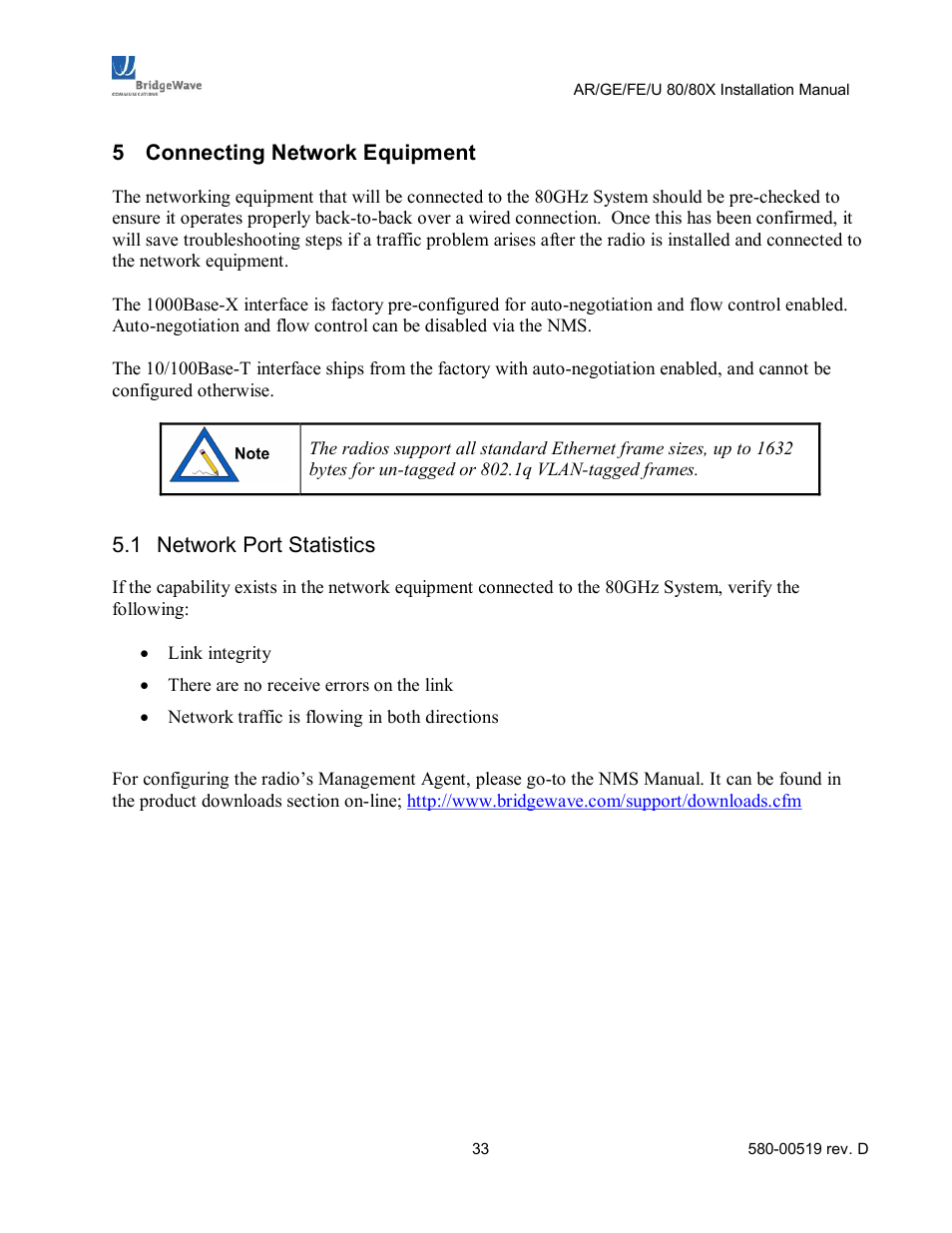 5 connecting network equipment, Connecting network equipment, Network port statistics | BridgeWave AR80 User Manual | Page 38 / 43