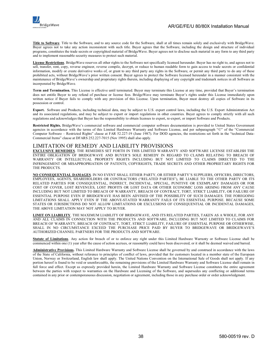 Limitation of remedy and liability provisions | BridgeWave AR80 User Manual | Page 43 / 43