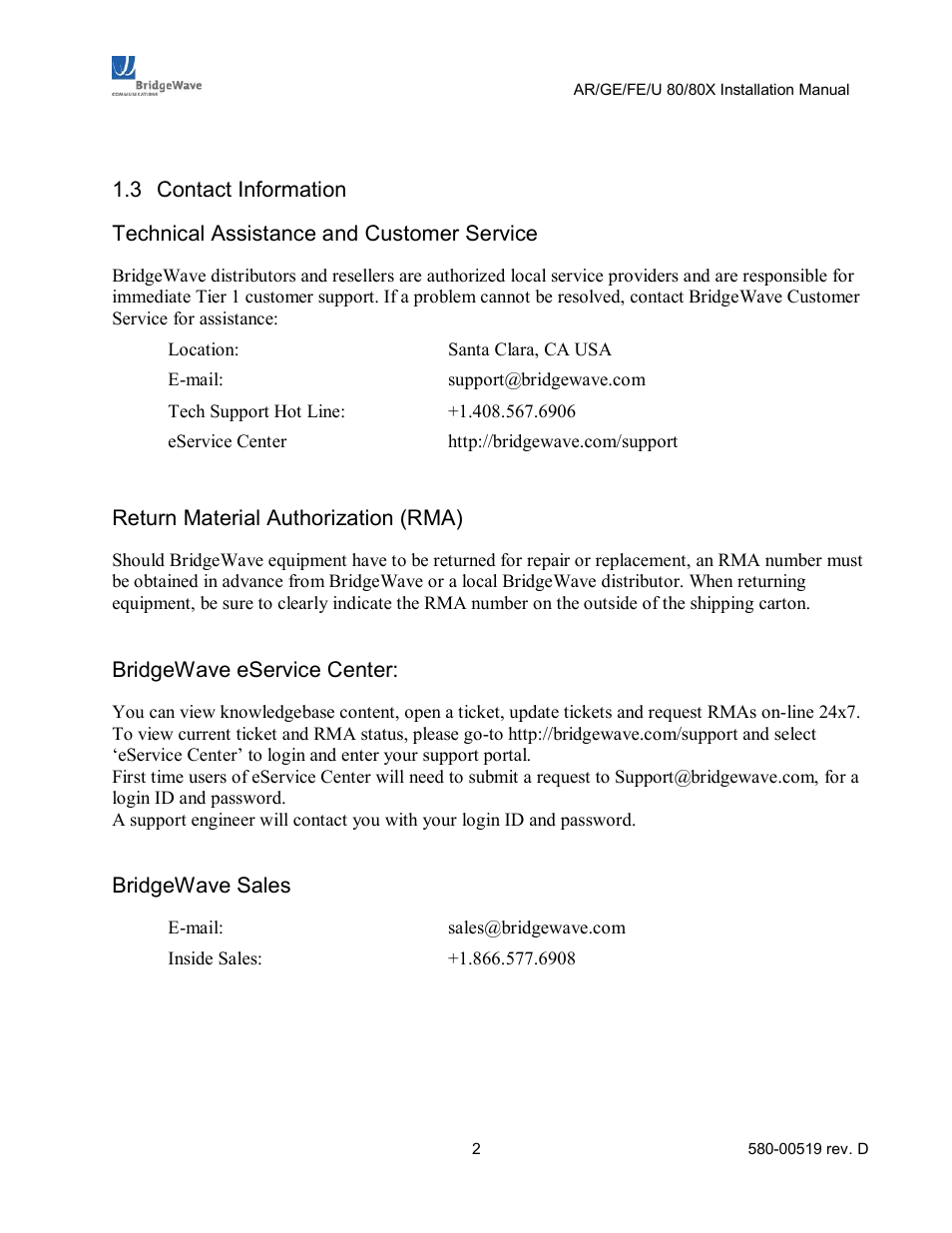 Contact information | BridgeWave AR80 User Manual | Page 7 / 43