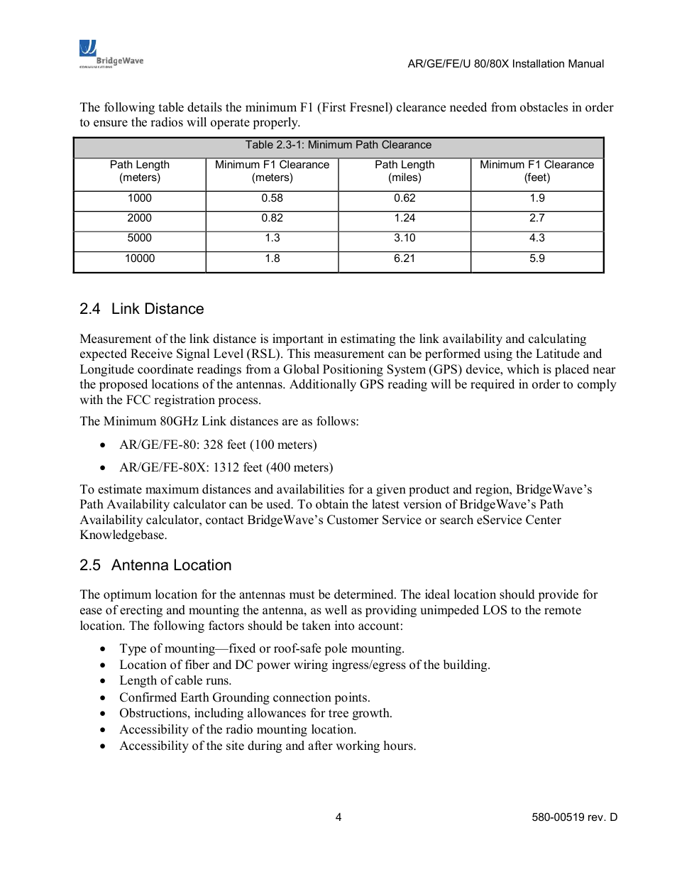 Link distance, Antenna location, 4 link distance | 5 antenna location | BridgeWave AR80 User Manual | Page 9 / 43