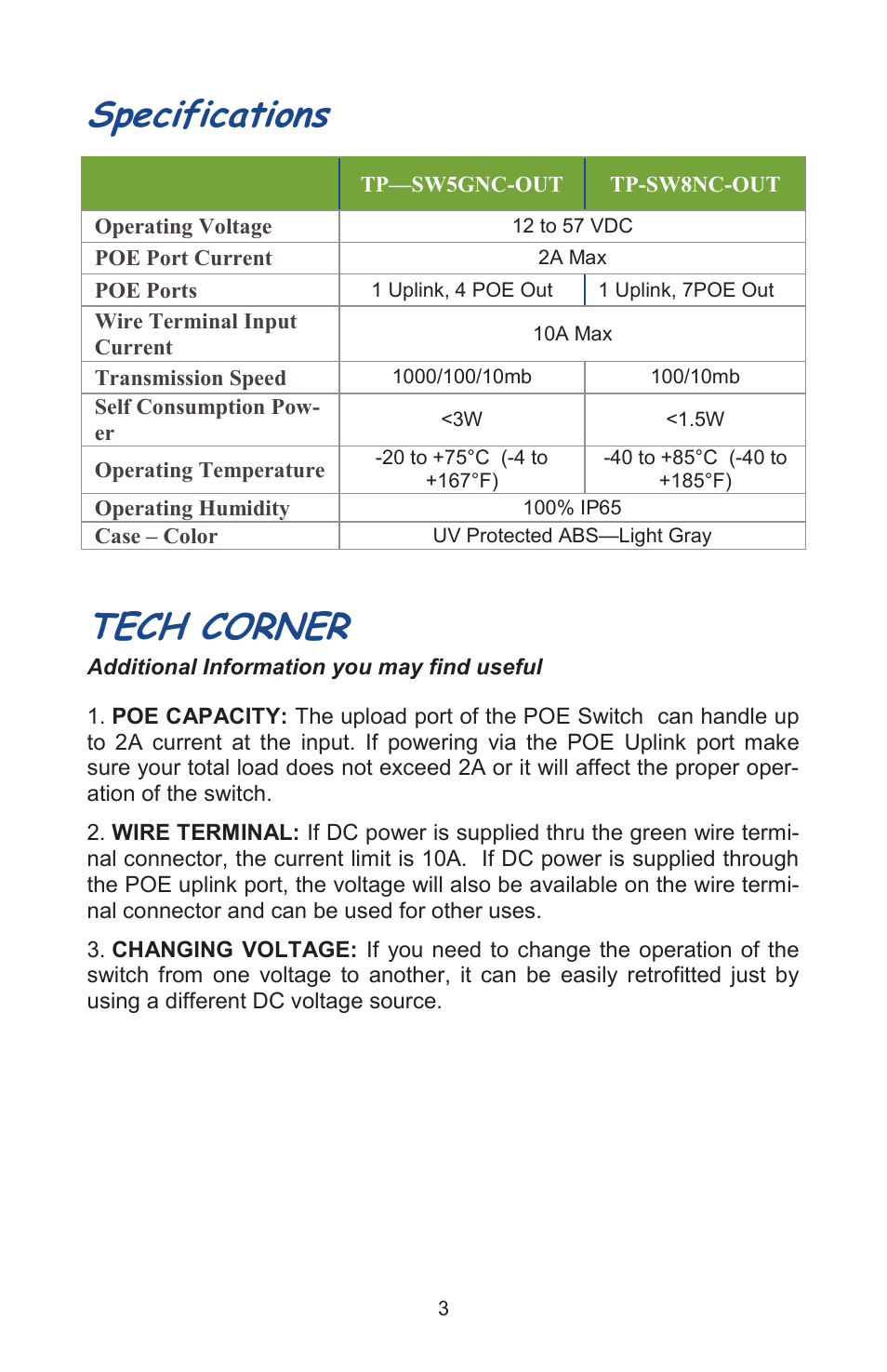 Specifications tech corner | Tycon Power TP-SWxxNC-OUT User Manual | Page 3 / 4