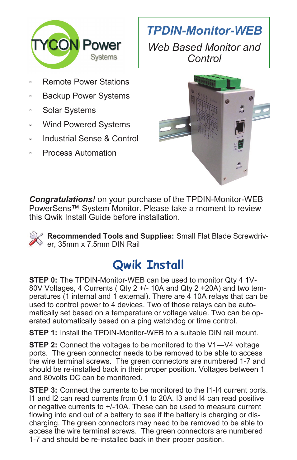 Tycon Power TPDIN-Monitor-WEB User Manual | 8 pages