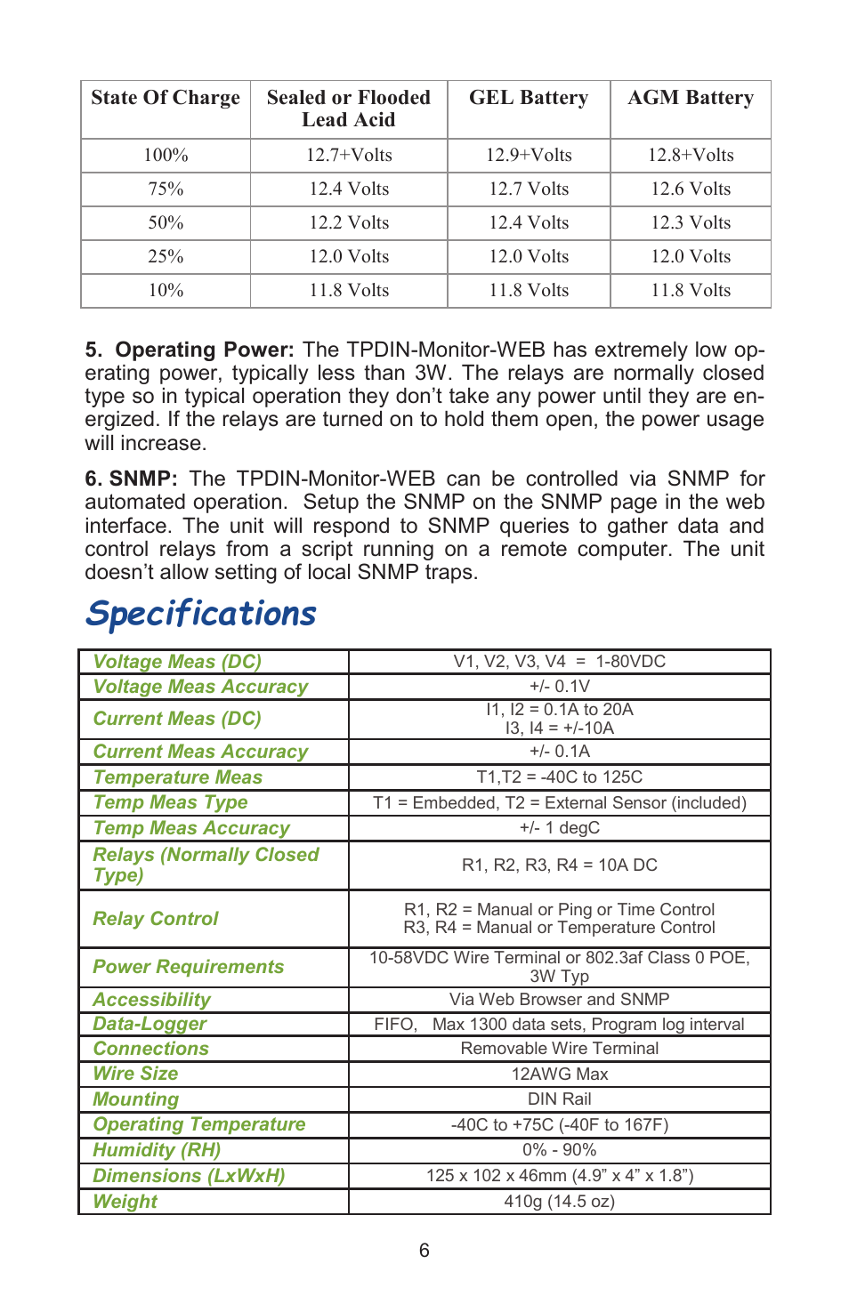 Specifications | Tycon Power TPDIN-Monitor-WEB User Manual | Page 6 / 8