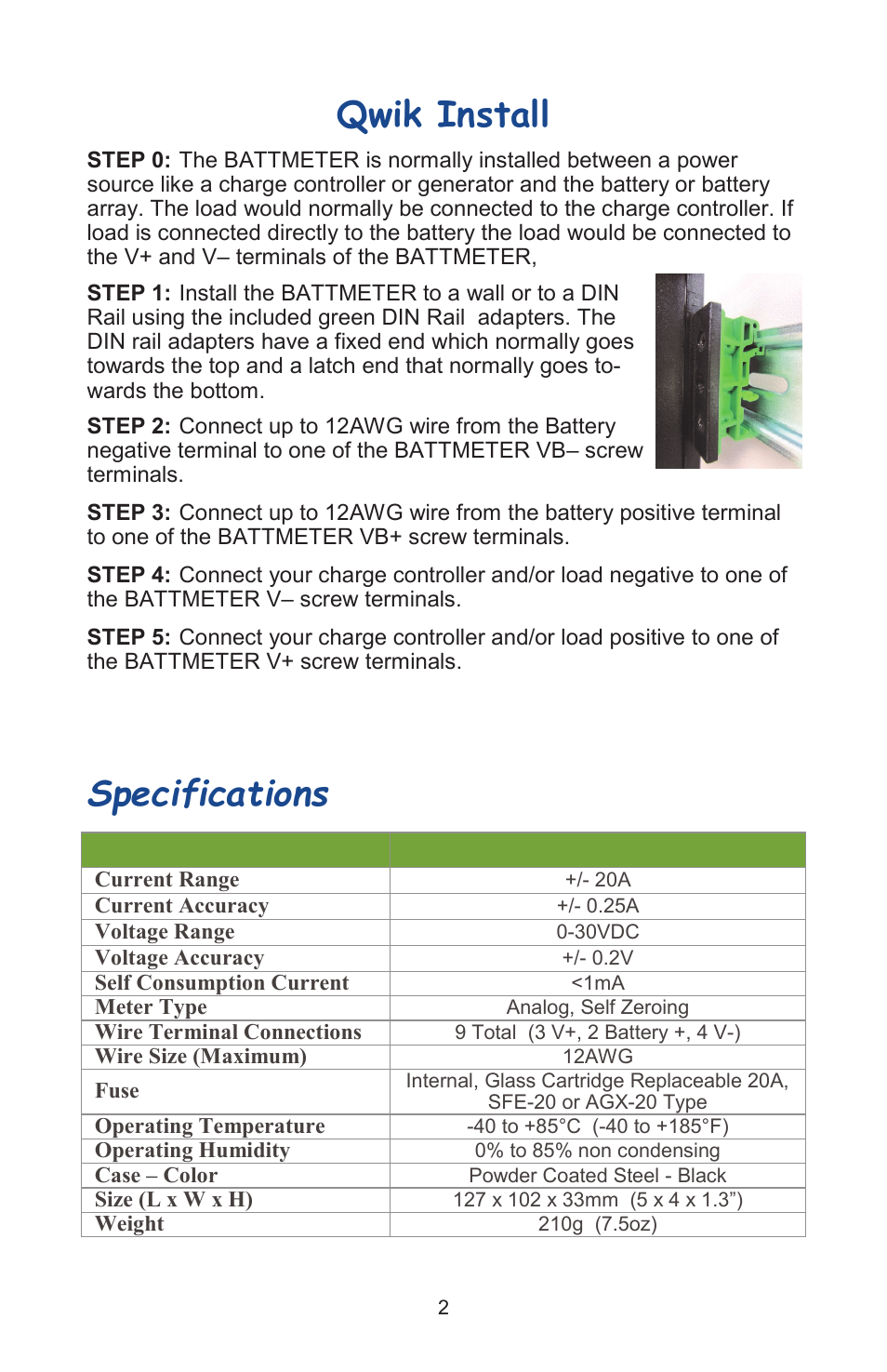 Qwik install, Specifications | Tycon Power BATTMETER User Manual | Page 2 / 4