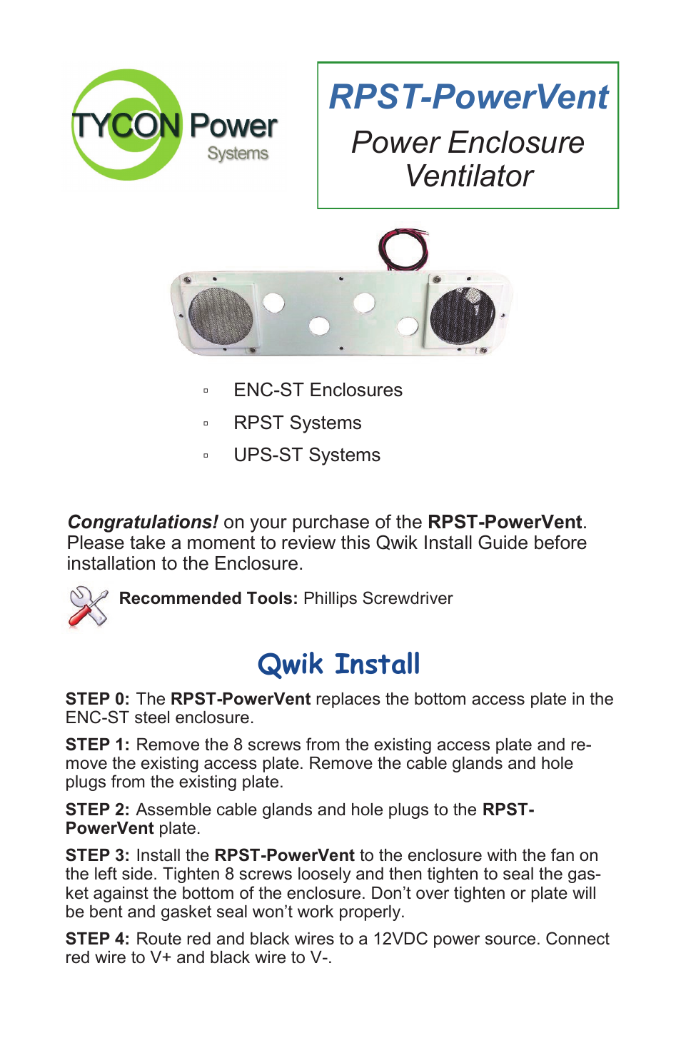 Tycon Power RPST-PowerVent User Manual | 4 pages