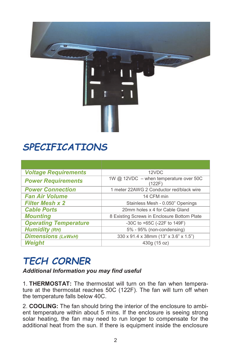 Specifications tech corner | Tycon Power RPST-PowerVent User Manual | Page 2 / 4