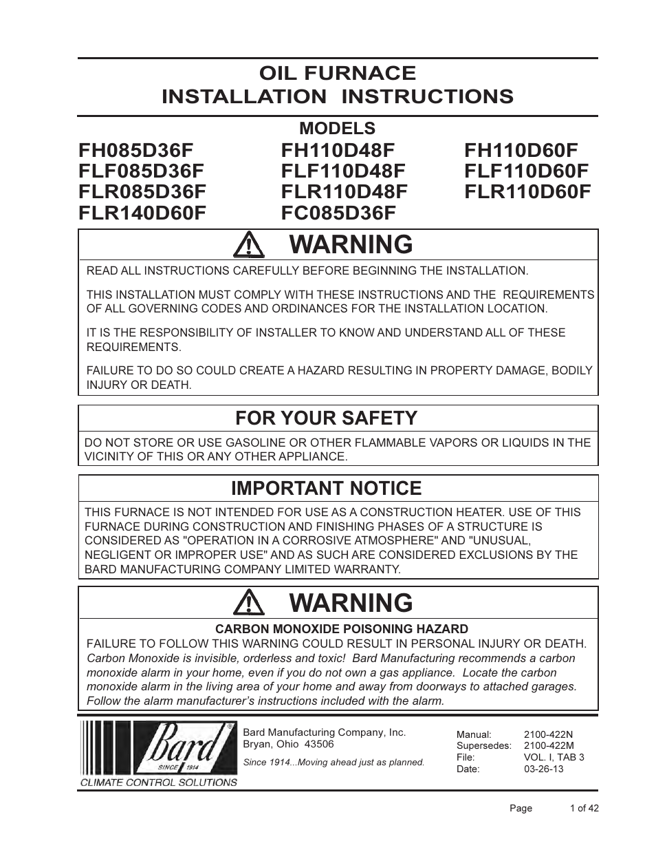 Bard Oil Furnace FLF085D36F User Manual | 42 pages