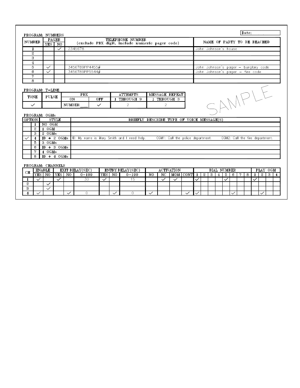 Sample program planner | United Security AVD-4040 User Manual | Page 16 / 19