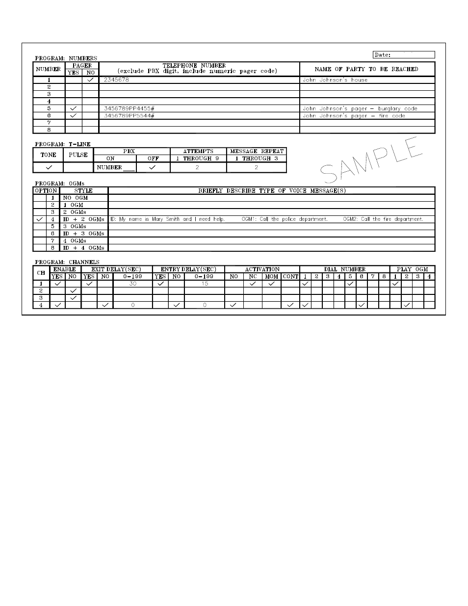 Sample program planner | United Security AVD-2010 User Manual | Page 14 / 17