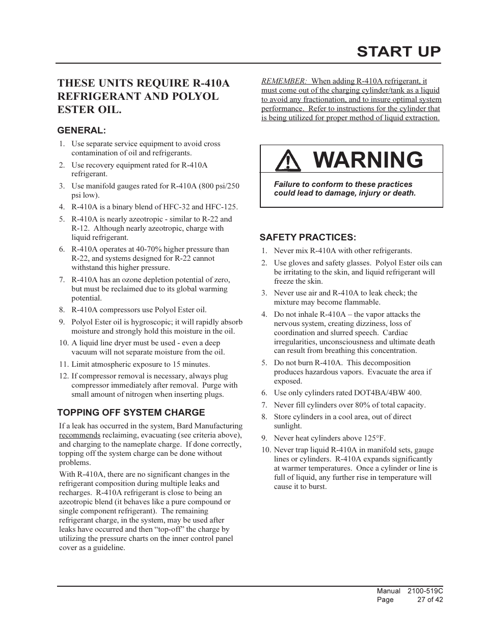 Warning, Start up | Bard QTEC SERIES PACKAGED HEAT PUMP Q36H1 User Manual | Page 27 / 42