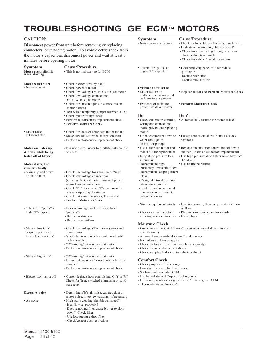 Troubleshooting ge ecm, Motors | Bard QTEC SERIES PACKAGED HEAT PUMP Q36H1 User Manual | Page 38 / 42