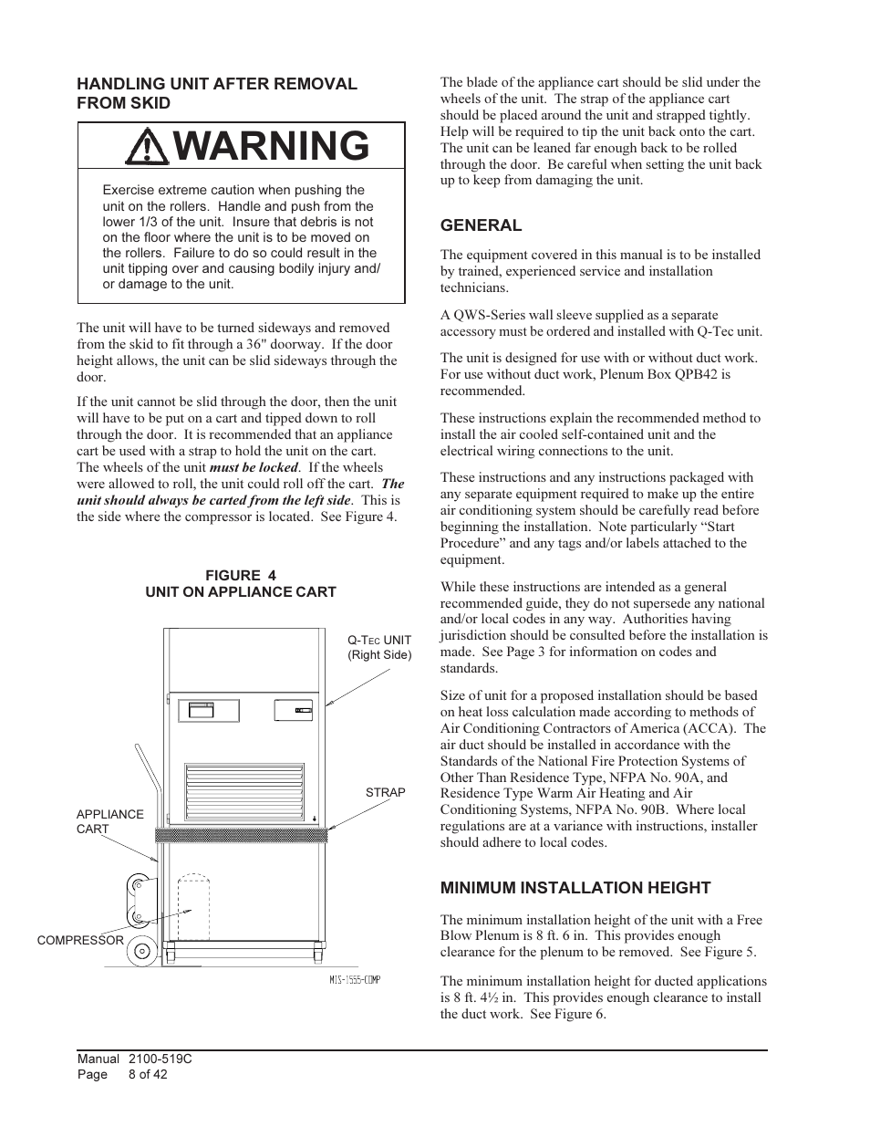 Warning | Bard QTEC SERIES PACKAGED HEAT PUMP Q36H1 User Manual | Page 8 / 42