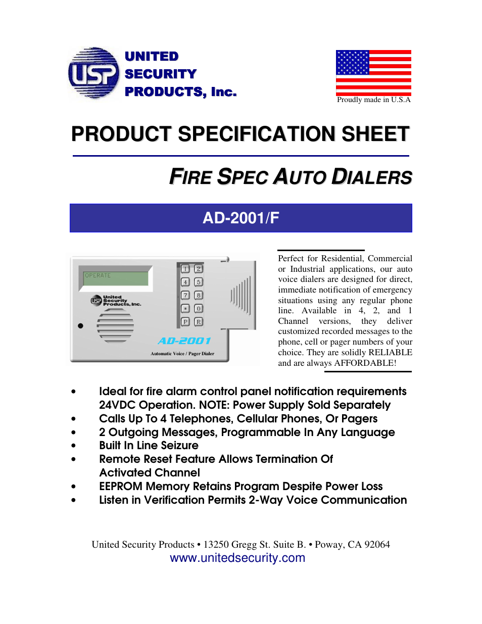 United Security AD-2001F User Manual | 1 page