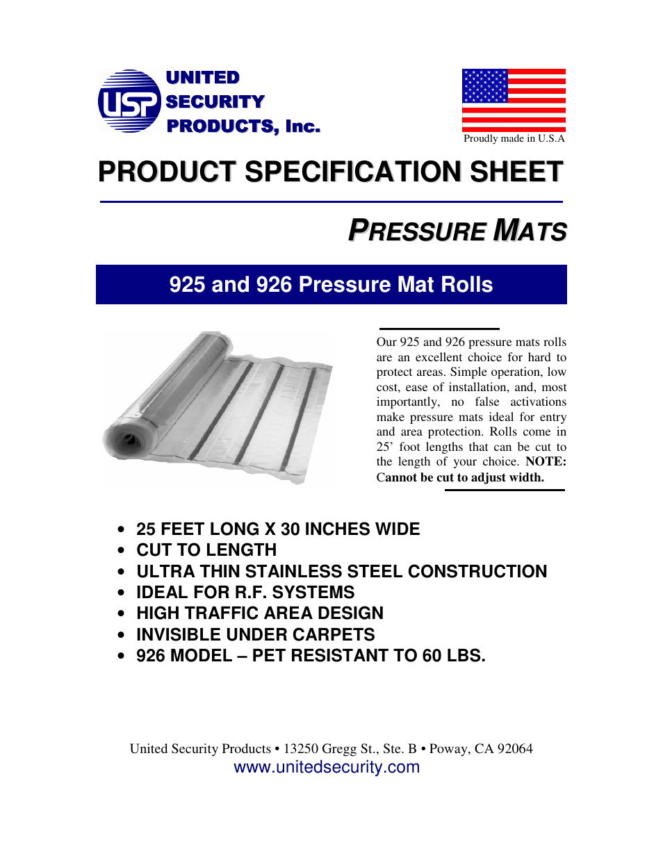 United Security 926 Pressure Mat Rolls User Manual | 1 page