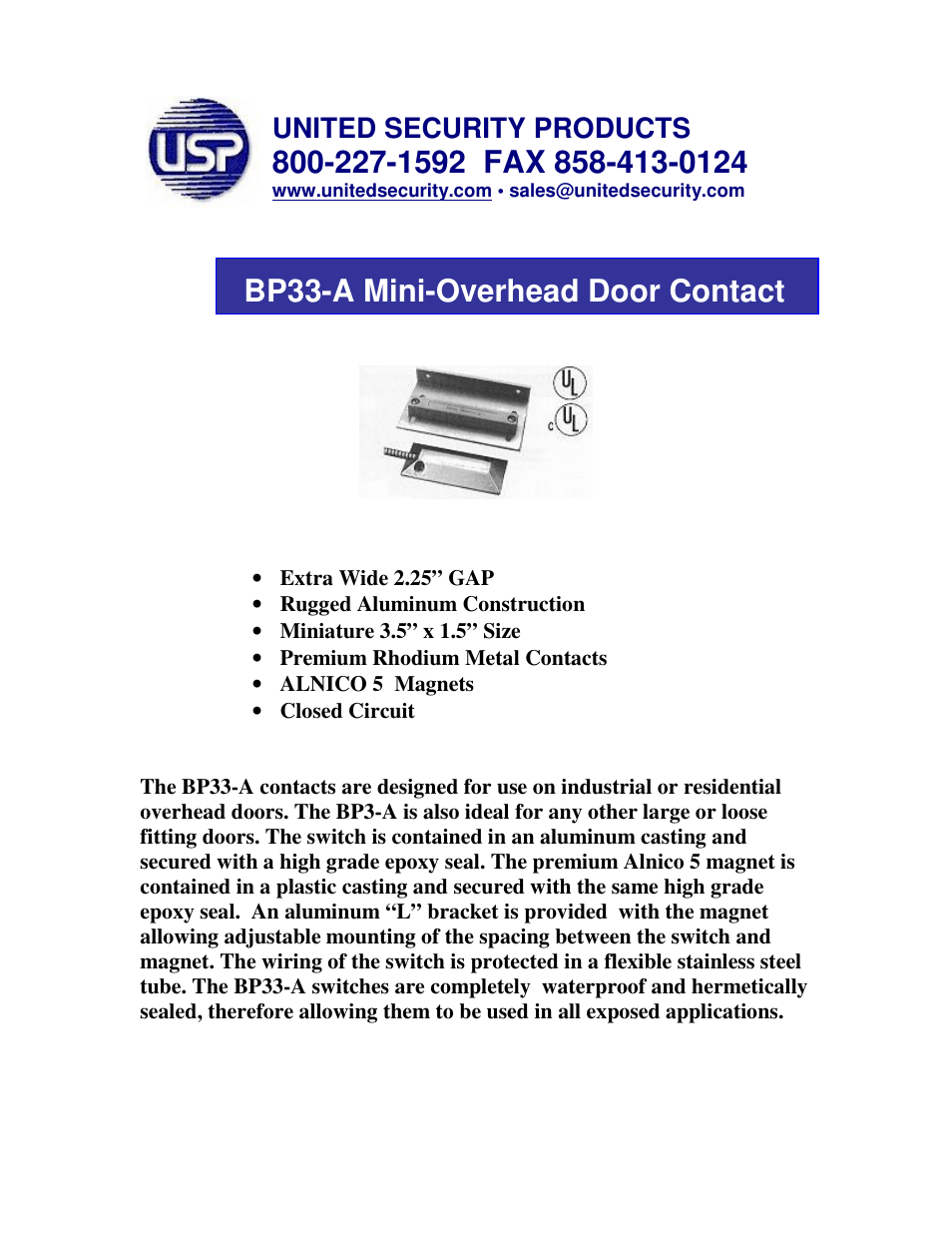 United Security BP33 User Manual | 1 page