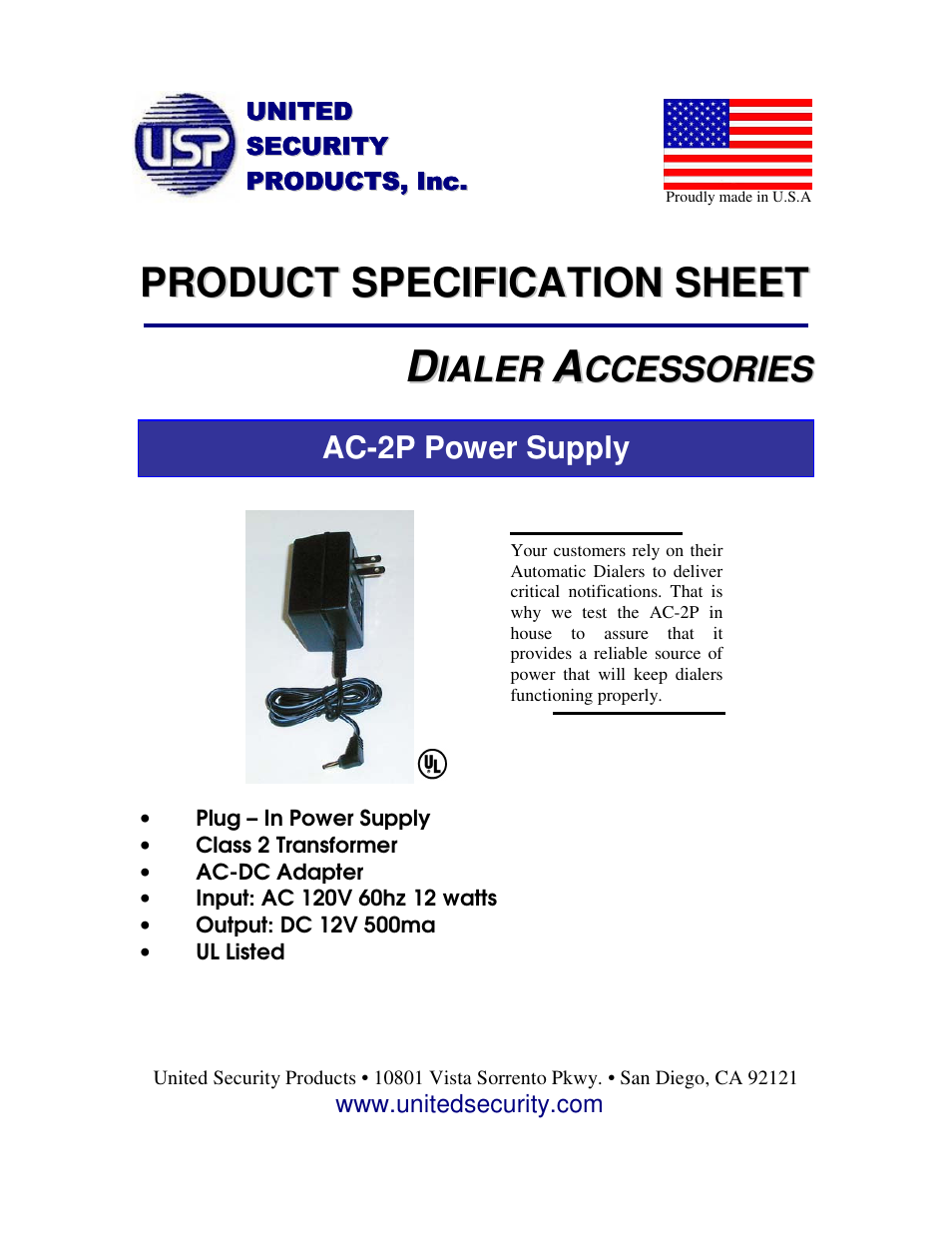 United Security AC-2P User Manual | 1 page