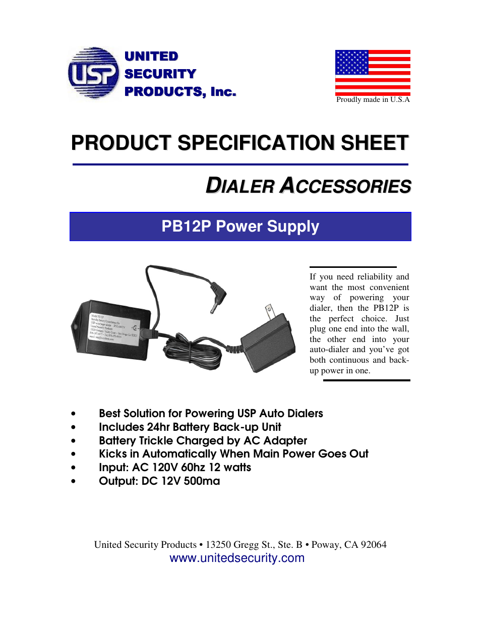 United Security PB12P User Manual | 1 page