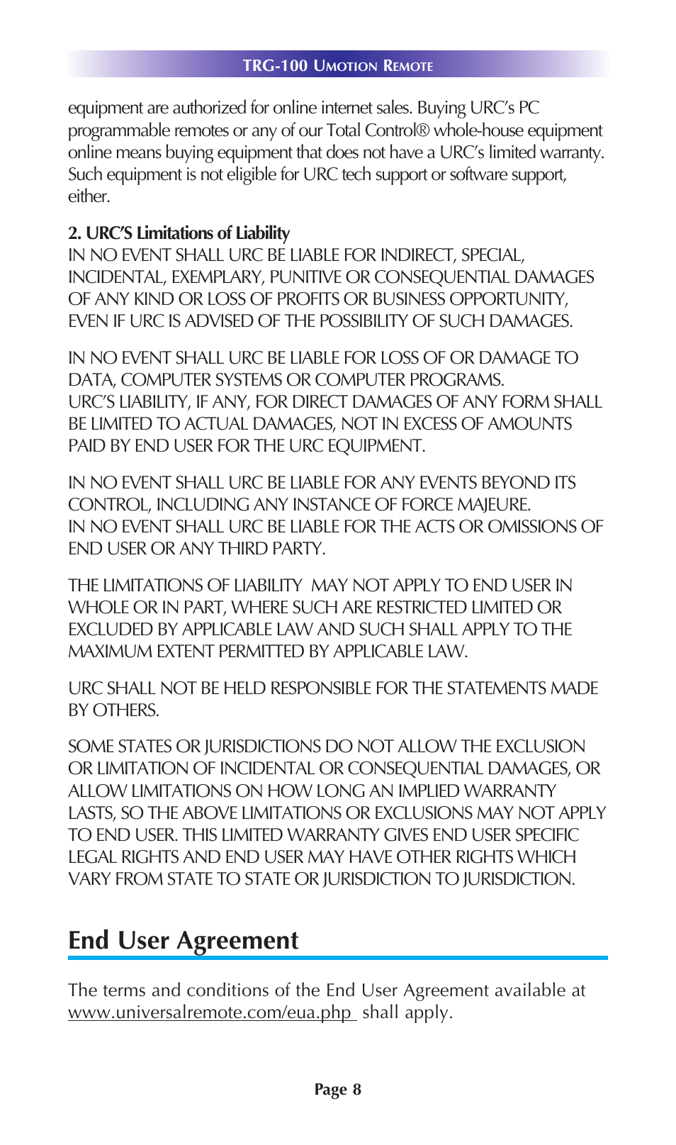 End user agreement | Universal Remote Control (URS) TRG-100 User Manual | Page 11 / 18