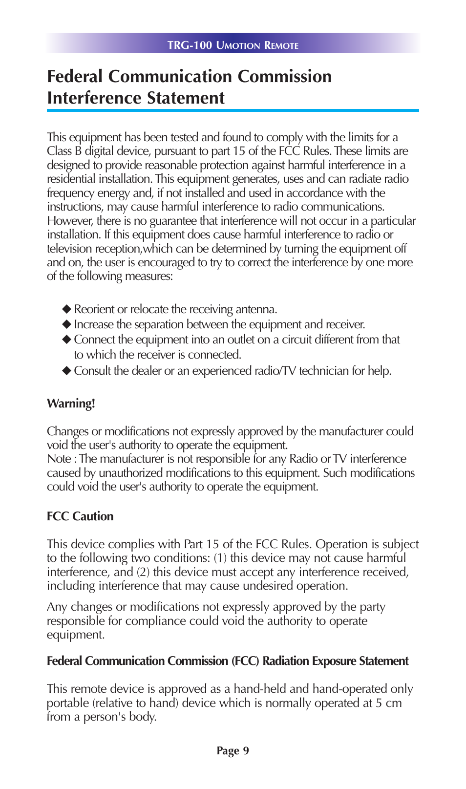 Limited warranty statement | Universal Remote Control (URS) TRG-100 User Manual | Page 12 / 18