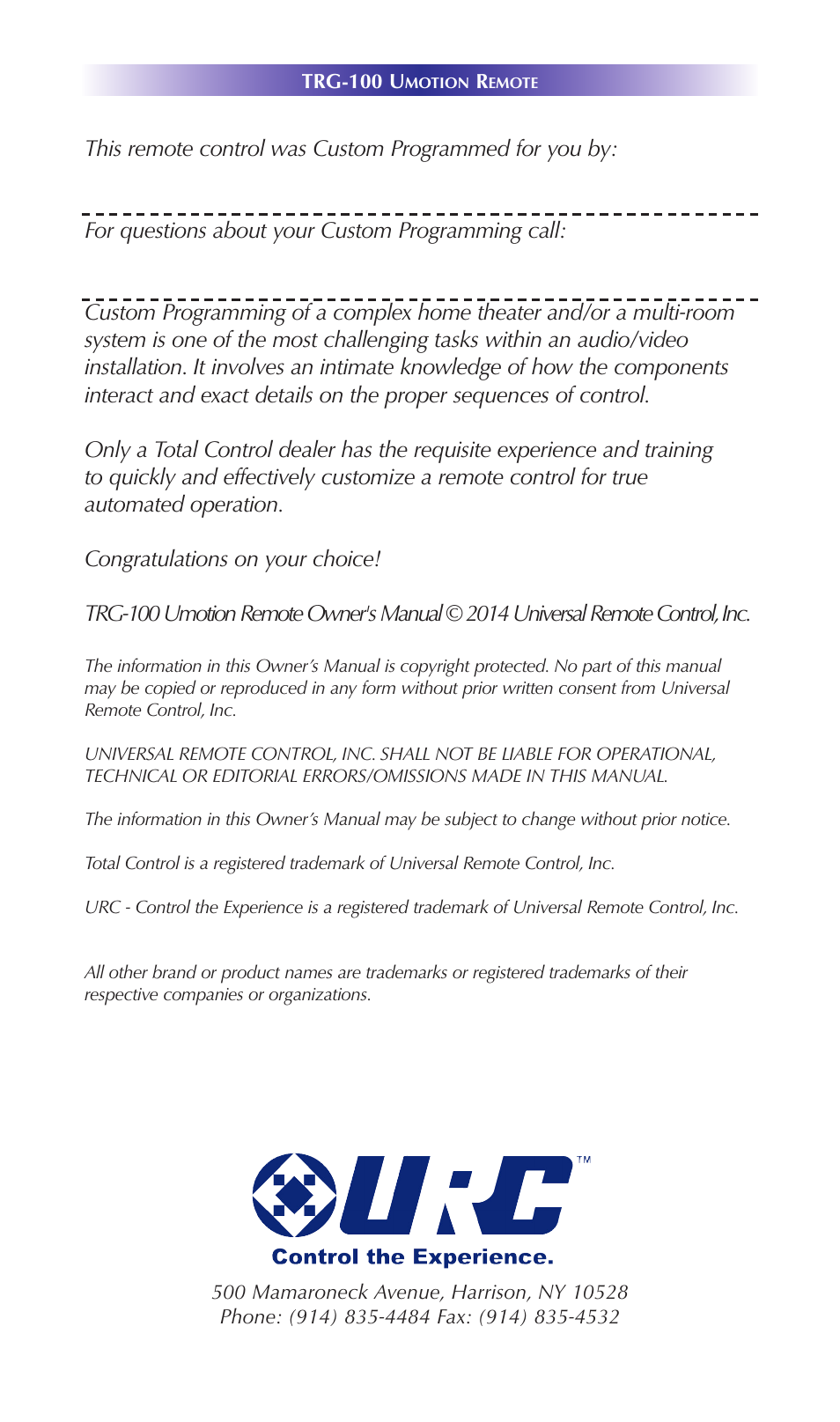 Universal Remote Control (URS) TRG-100 User Manual | Page 2 / 18