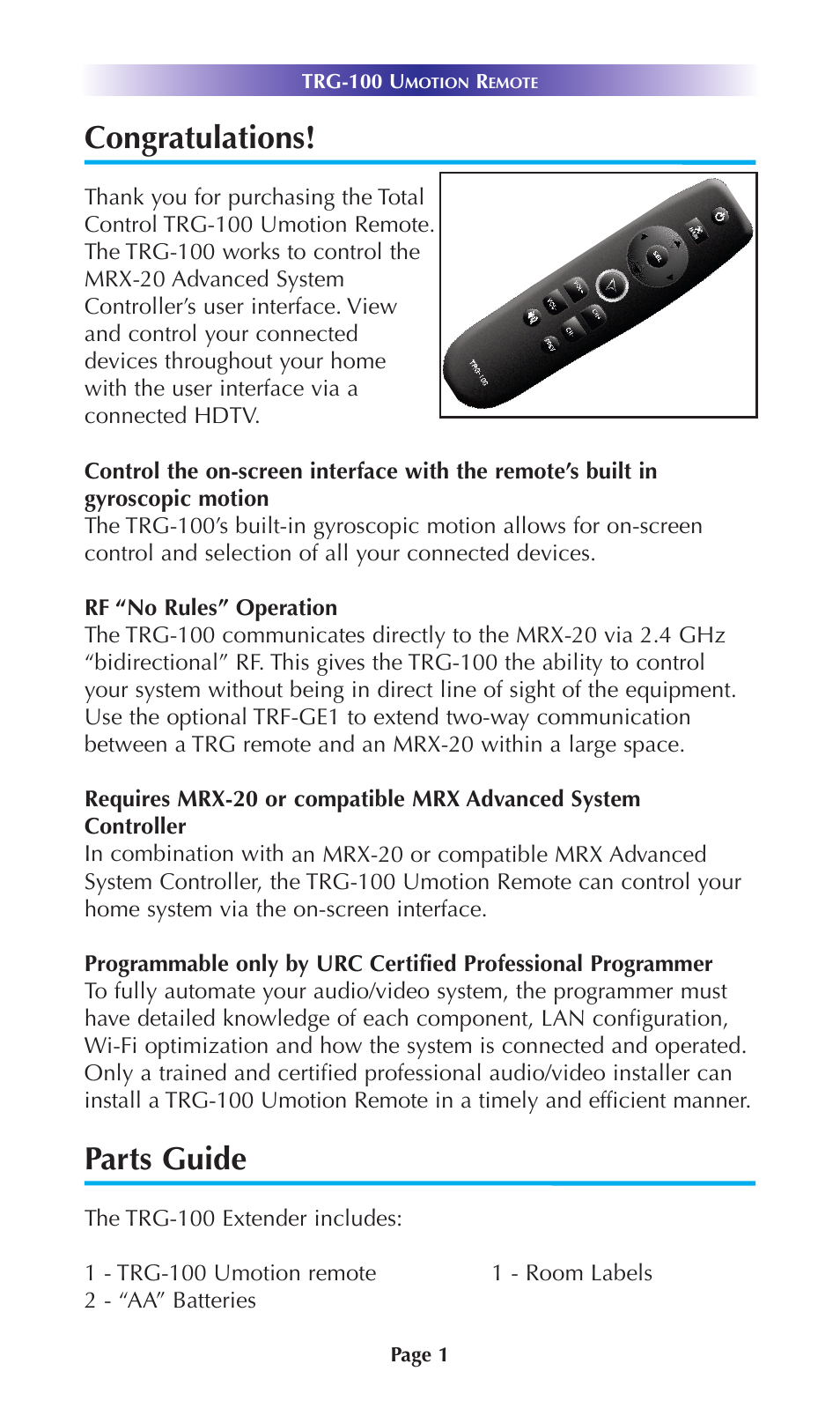 Congratulations, Parts guide | Universal Remote Control (URS) TRG-100 User Manual | Page 4 / 18