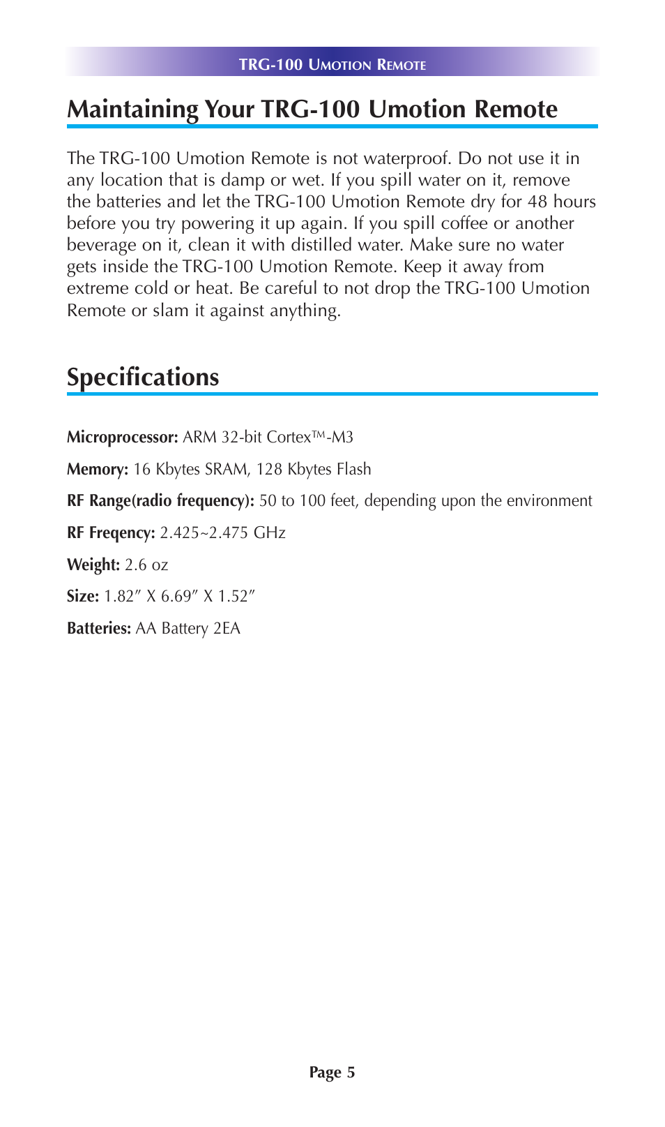 Maintaining your trg-100 umotion remote, Specifications | Universal Remote Control (URS) TRG-100 User Manual | Page 8 / 18