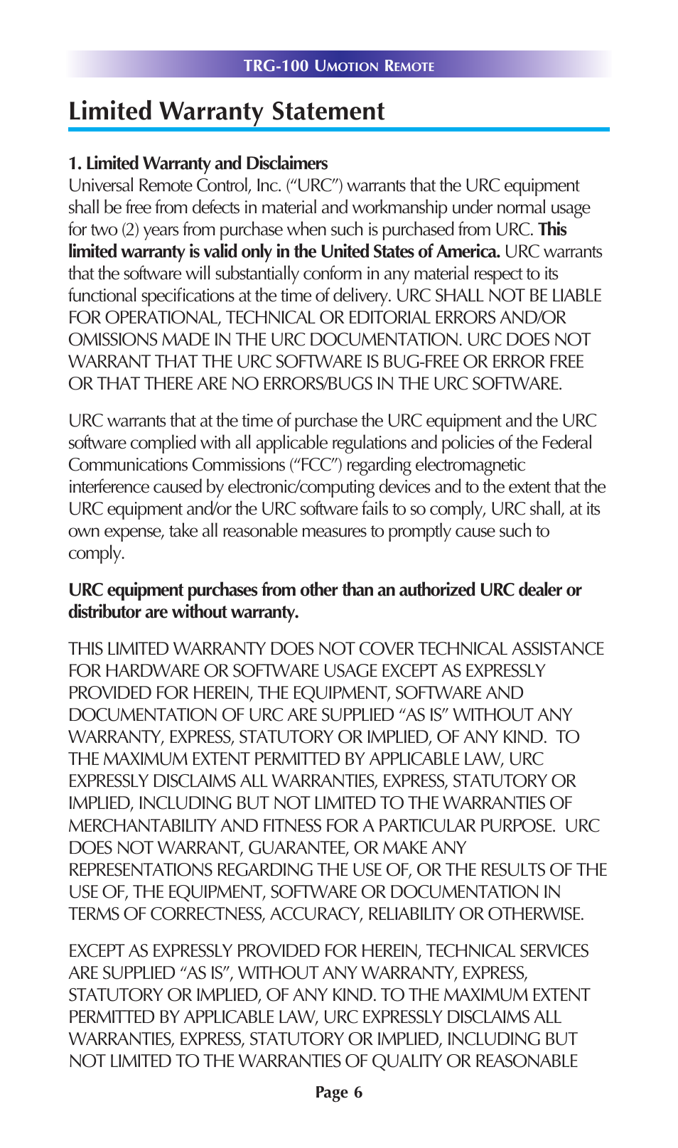 Limited warranty statement | Universal Remote Control (URS) TRG-100 User Manual | Page 9 / 18