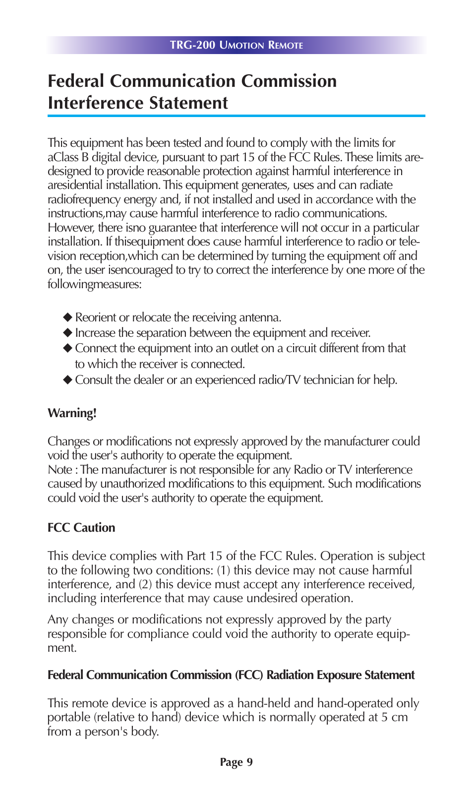 Limited warranty statement | Universal Remote Control (URS) TRG-200 User Manual | Page 12 / 18