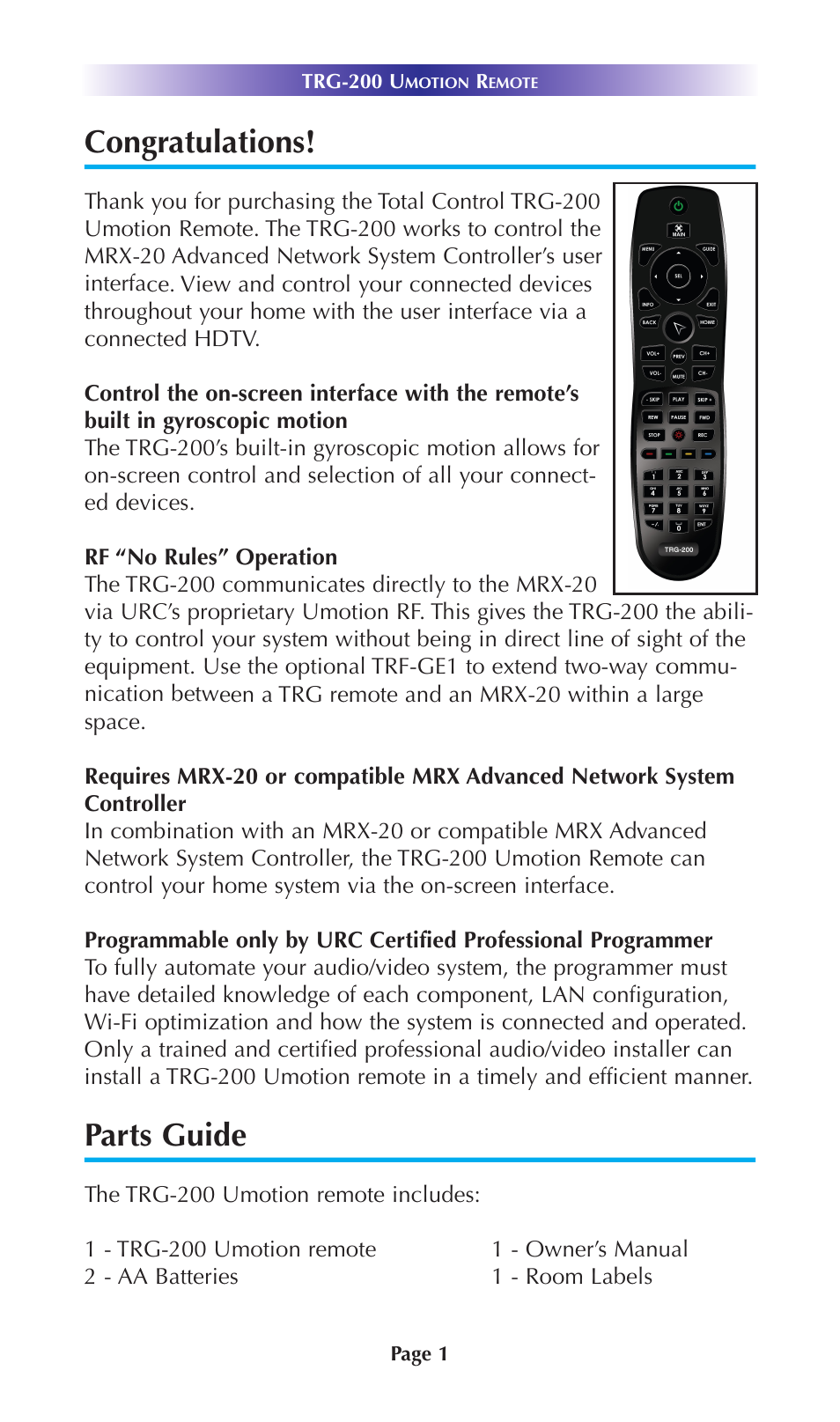 Congratulations, Parts guide | Universal Remote Control (URS) TRG-200 User Manual | Page 4 / 18