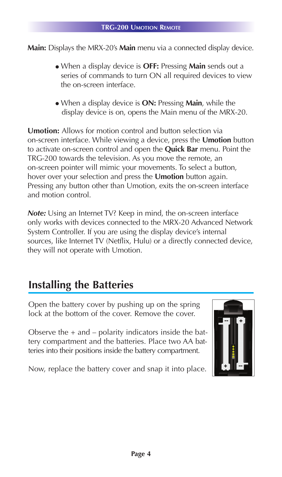 Installing the batteries | Universal Remote Control (URS) TRG-200 User Manual | Page 7 / 18