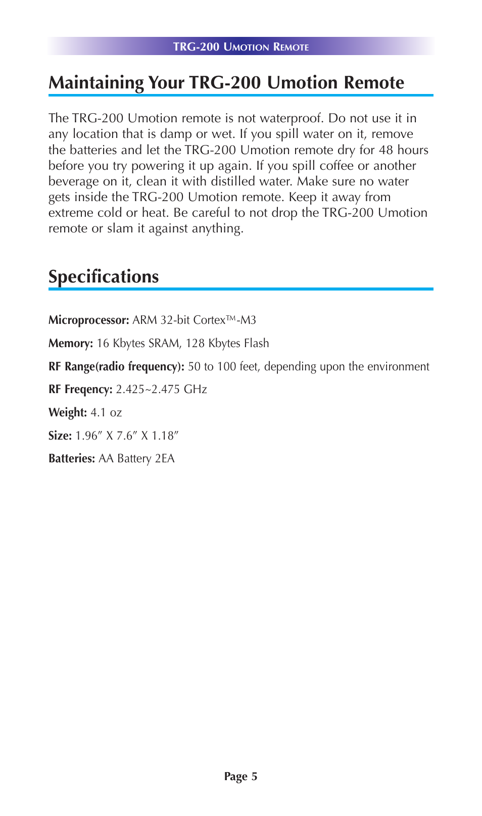 Maintaining your trg-200 umotion remote, Specifications | Universal Remote Control (URS) TRG-200 User Manual | Page 8 / 18