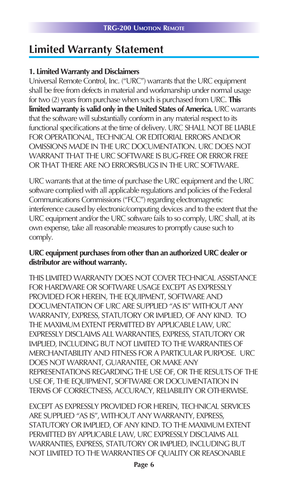 Limited warranty statement | Universal Remote Control (URS) TRG-200 User Manual | Page 9 / 18