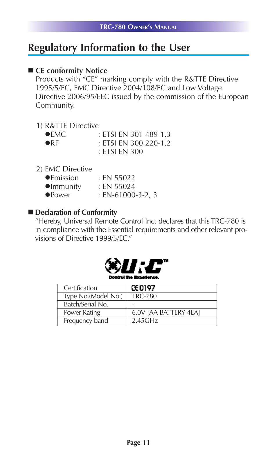 Regulatory information to the user | Universal Remote Control (URS) TRC-780 User Manual | Page 14 / 18
