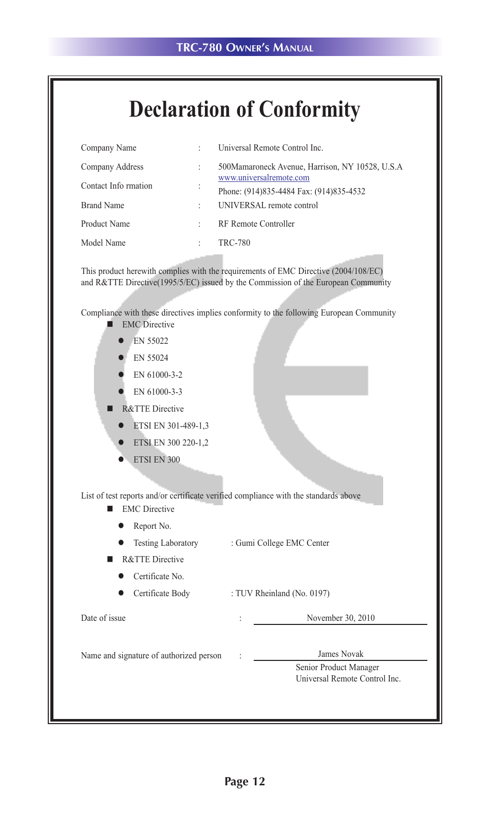 Declaration of conformity, Trc-780 o, Page 12 | Universal Remote Control (URS) TRC-780 User Manual | Page 15 / 18