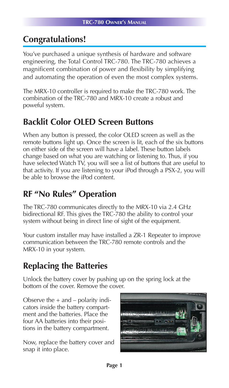 Backlit color oled screen buttons, Rf “no rules” operation, Replacing the batteries | Universal Remote Control (URS) TRC-780 User Manual | Page 4 / 18