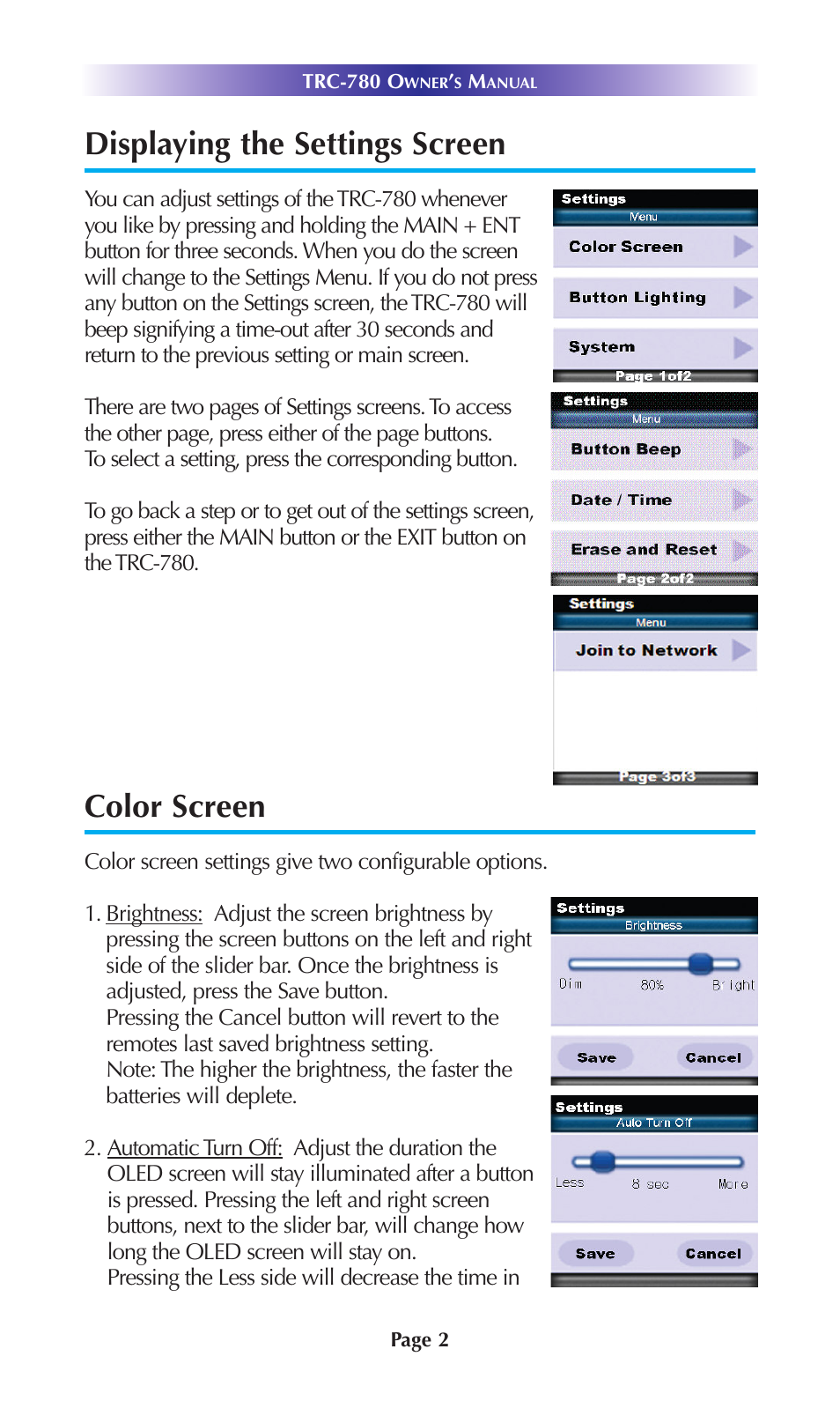 Displaying the settings screen, Color screen | Universal Remote Control (URS) TRC-780 User Manual | Page 5 / 18