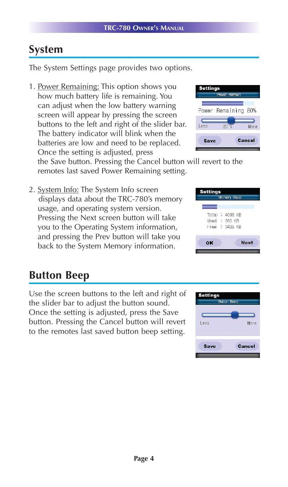 System, Button beep | Universal Remote Control (URS) TRC-780 User Manual | Page 7 / 18